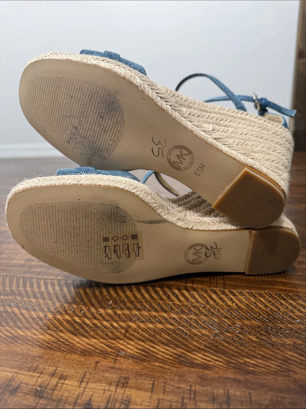 Michael Kors Mandy Denim Blue Espadrille Wedge Sandals with Ankle Wrap